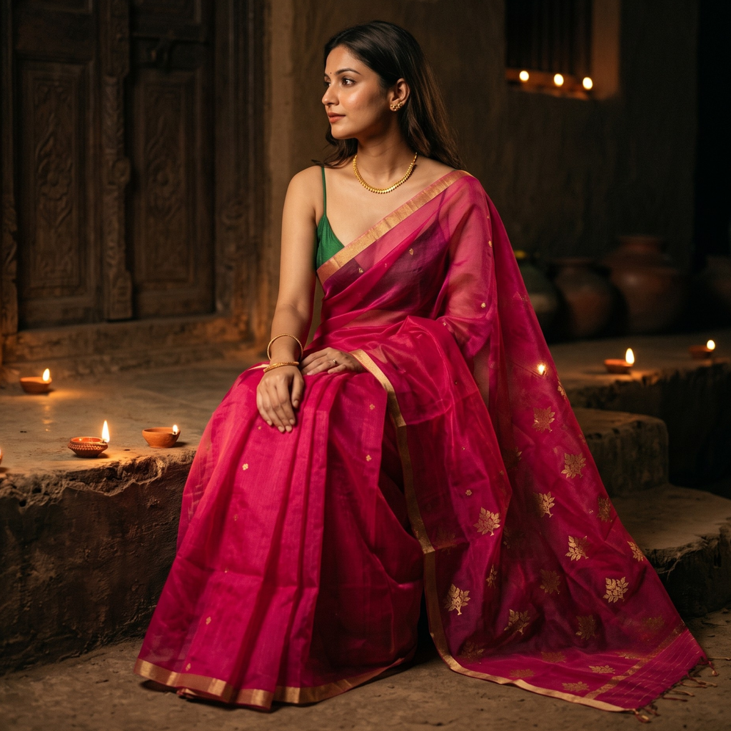 Handloom Rani Katan Silk Chanderi Saree with Floral Pallu