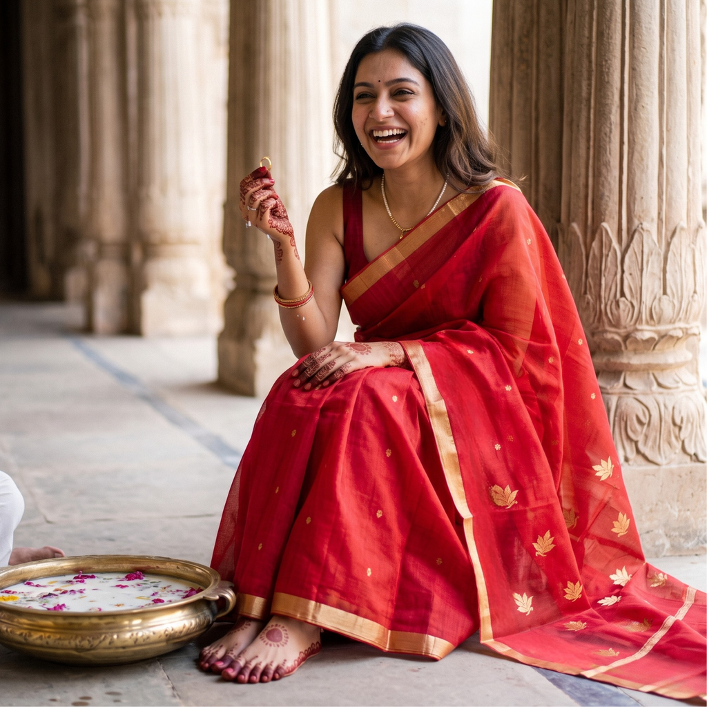 Handloom Red Katan Silk Chanderi Saree with Buttidar Pallu
