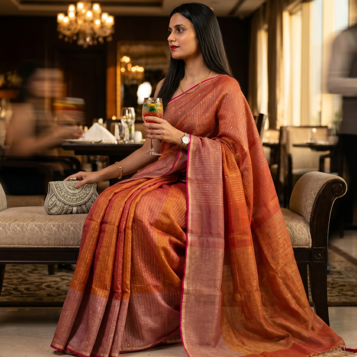 Orange and Red Linen Tissue Jamdani Saree with Sequins