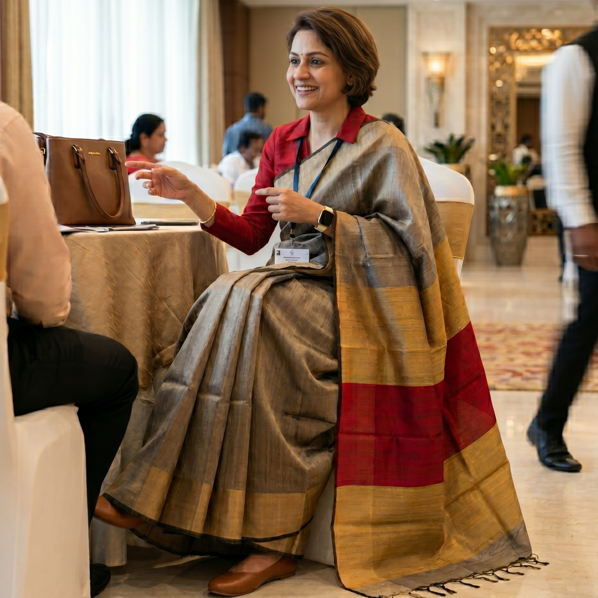 Beige Raw Silk Handloom Saree with Yellow and Red Pallu