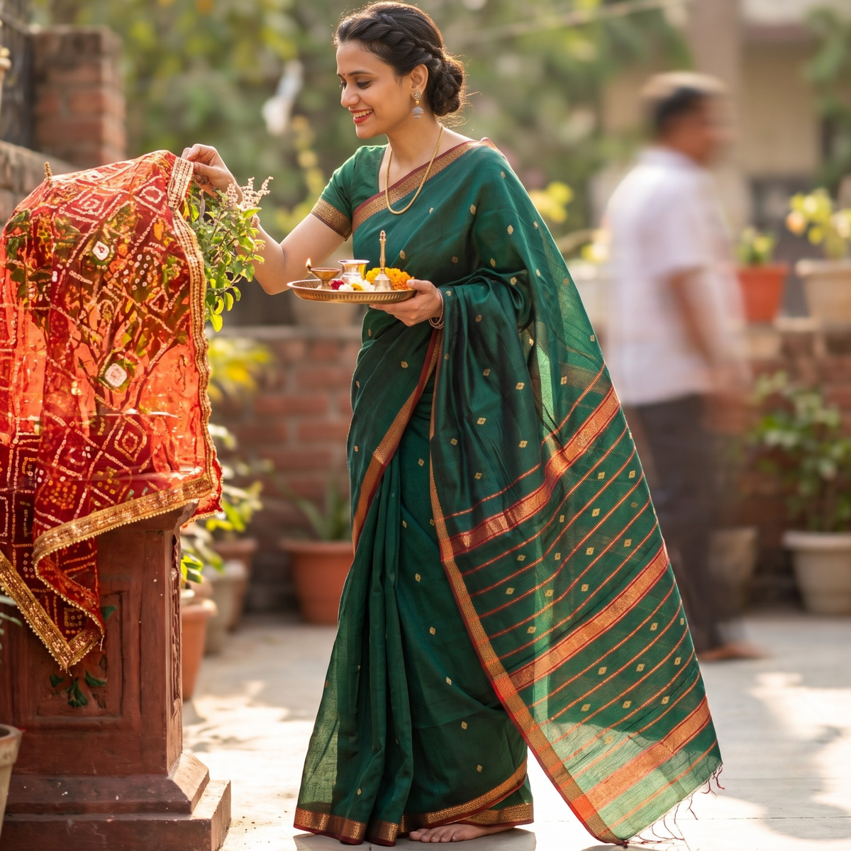 Green Maheshwari Silk Cotton Saree with Buttidar Pallu