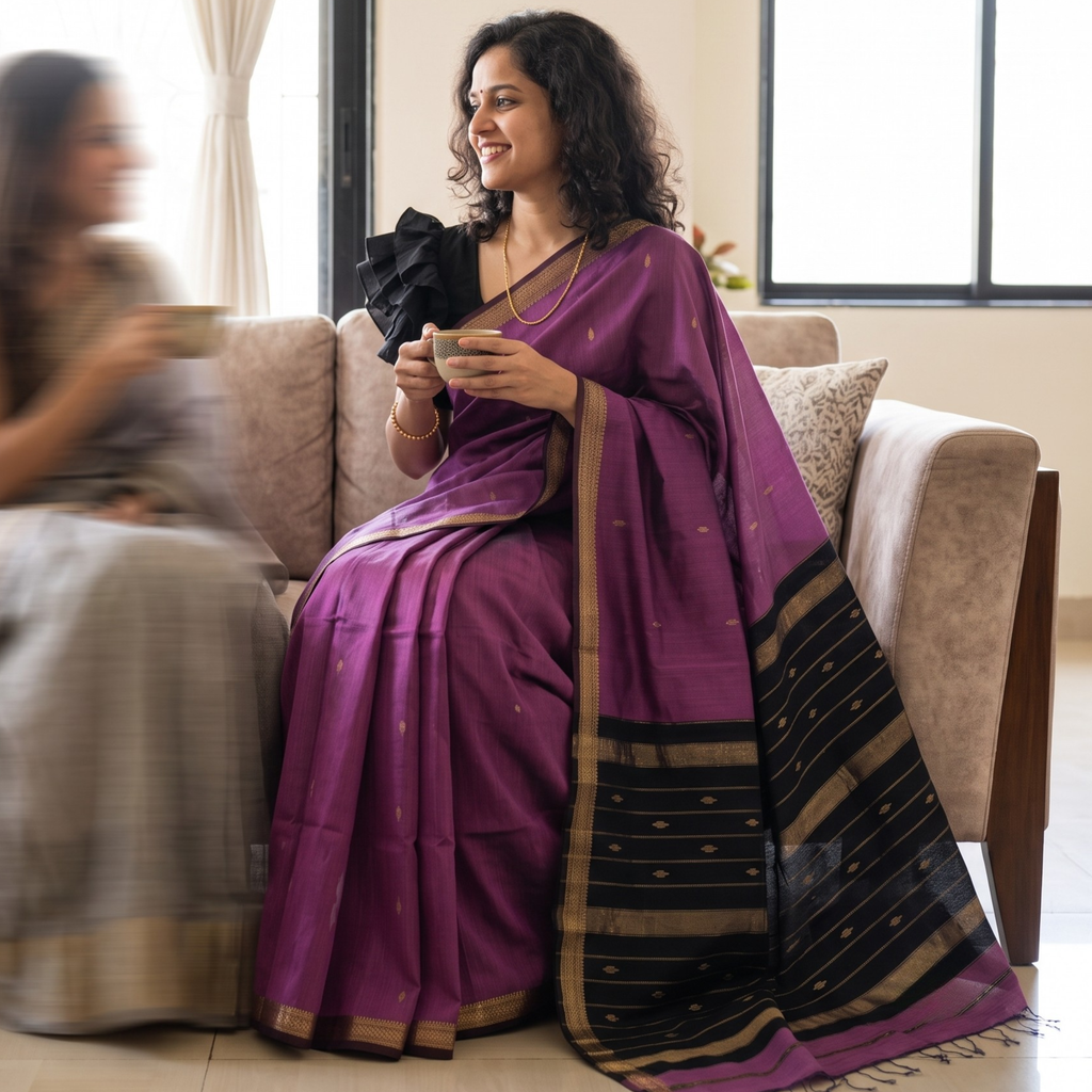 Lavender Maheshwari Silk Cotton Saree with Black Buttidar Pallu