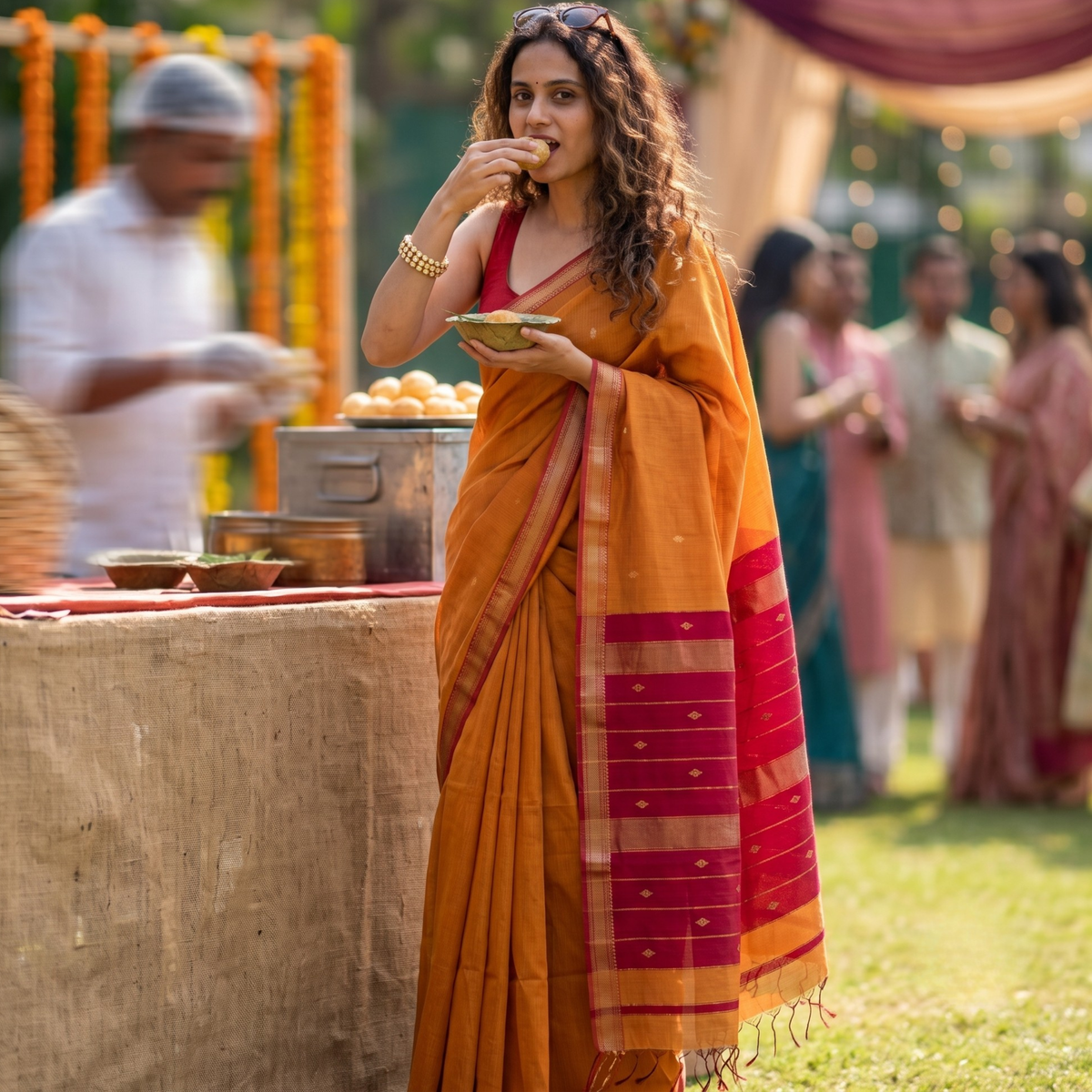 Orange Maheshwari Silk Cotton Saree with Red Buttidar Pallu
