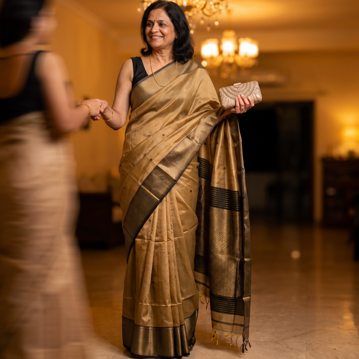 Beige Maheshwari Silk Cotton Saree with Heavy Pallu