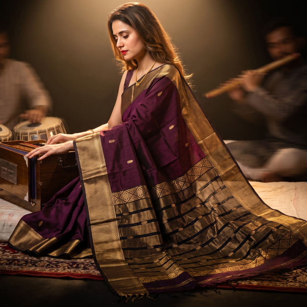 Brown Maheshwari Silk Cotton Saree with Heavy Pallu