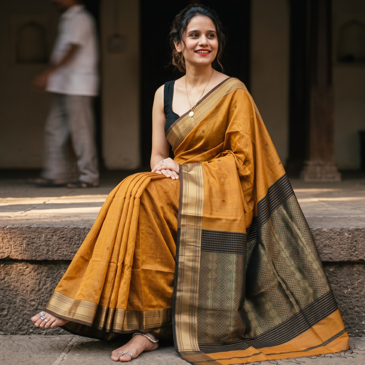 Light Orange Maheshwari Silk Cotton Saree with Heavy Pallu