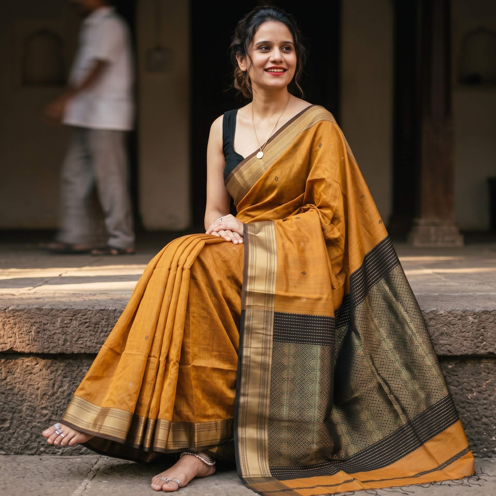 Light Orange Maheshwari Silk Cotton Saree with Heavy Pallu
