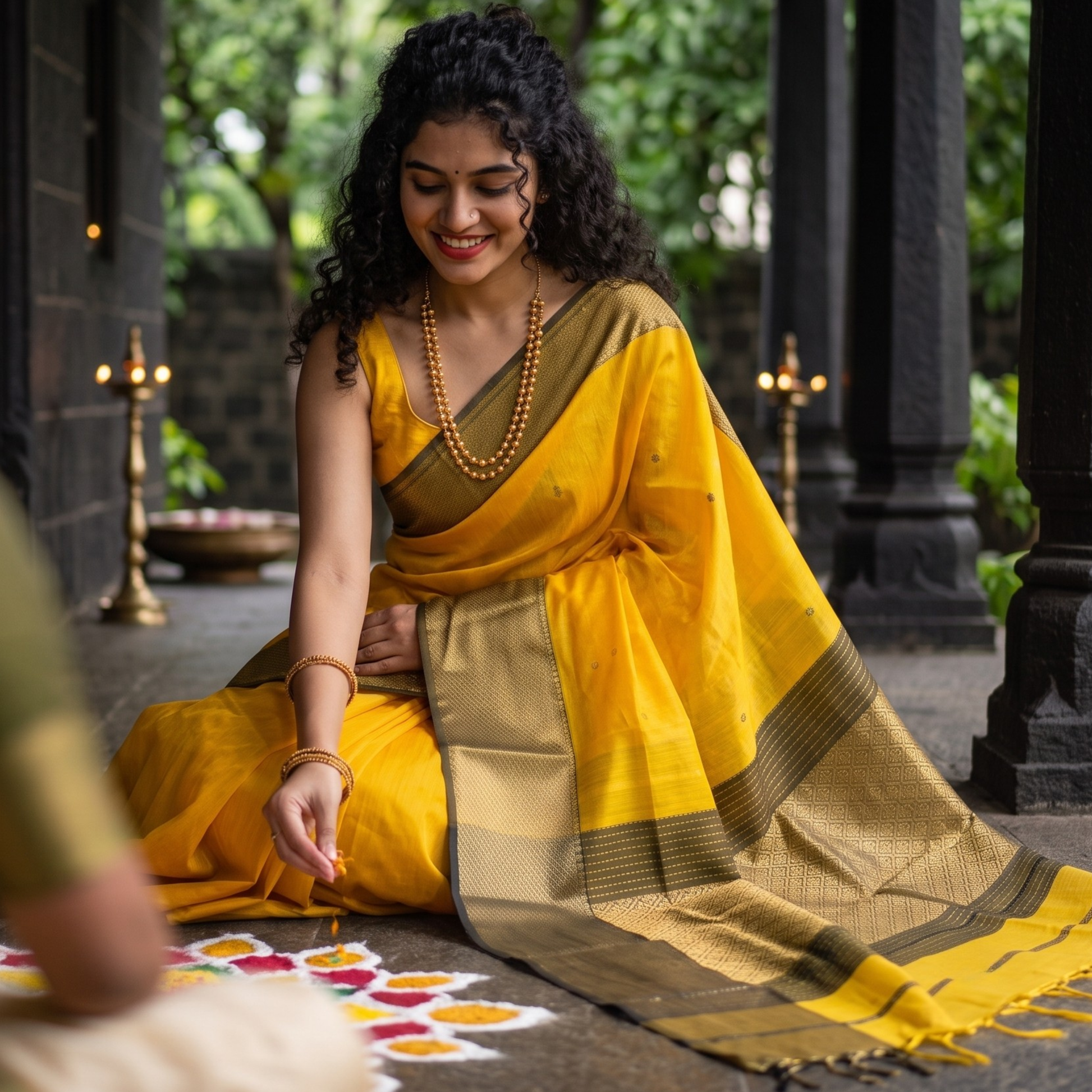 Yellow Maheshwari Silk Cotton Saree with Heavy Pallu