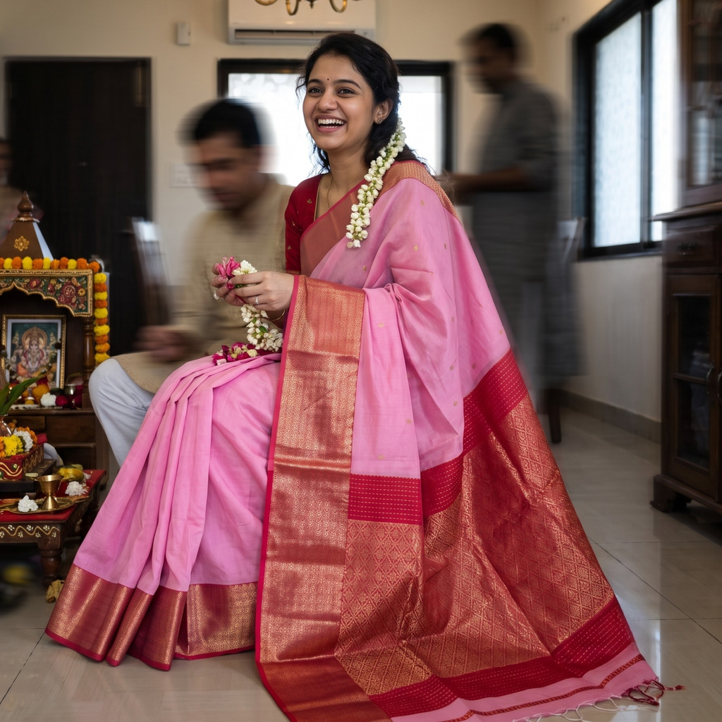 Pink Maheshwari Silk Cotton Saree with Red Heavy Pallu
