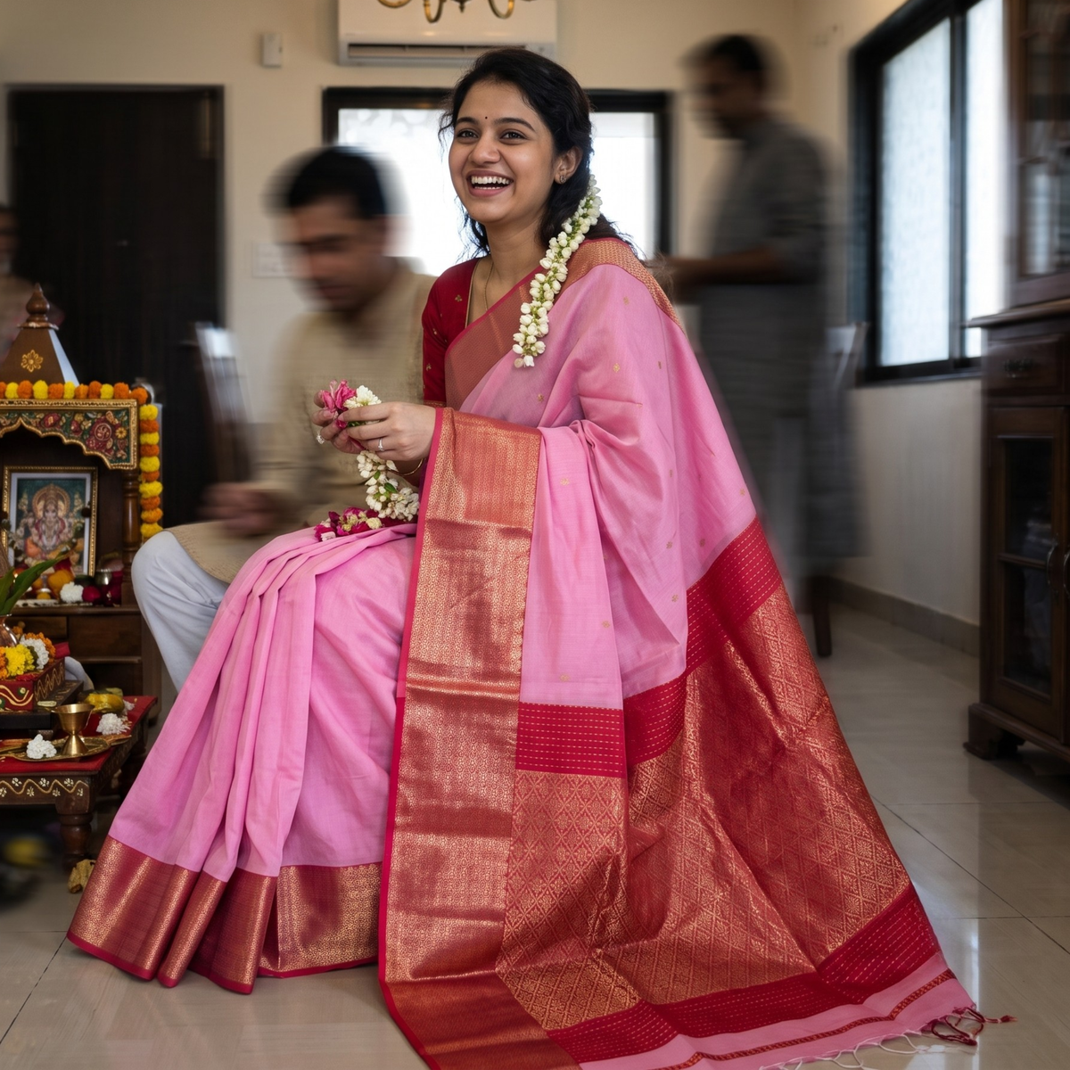 Pink Maheshwari Silk Cotton Saree with Red Heavy Pallu