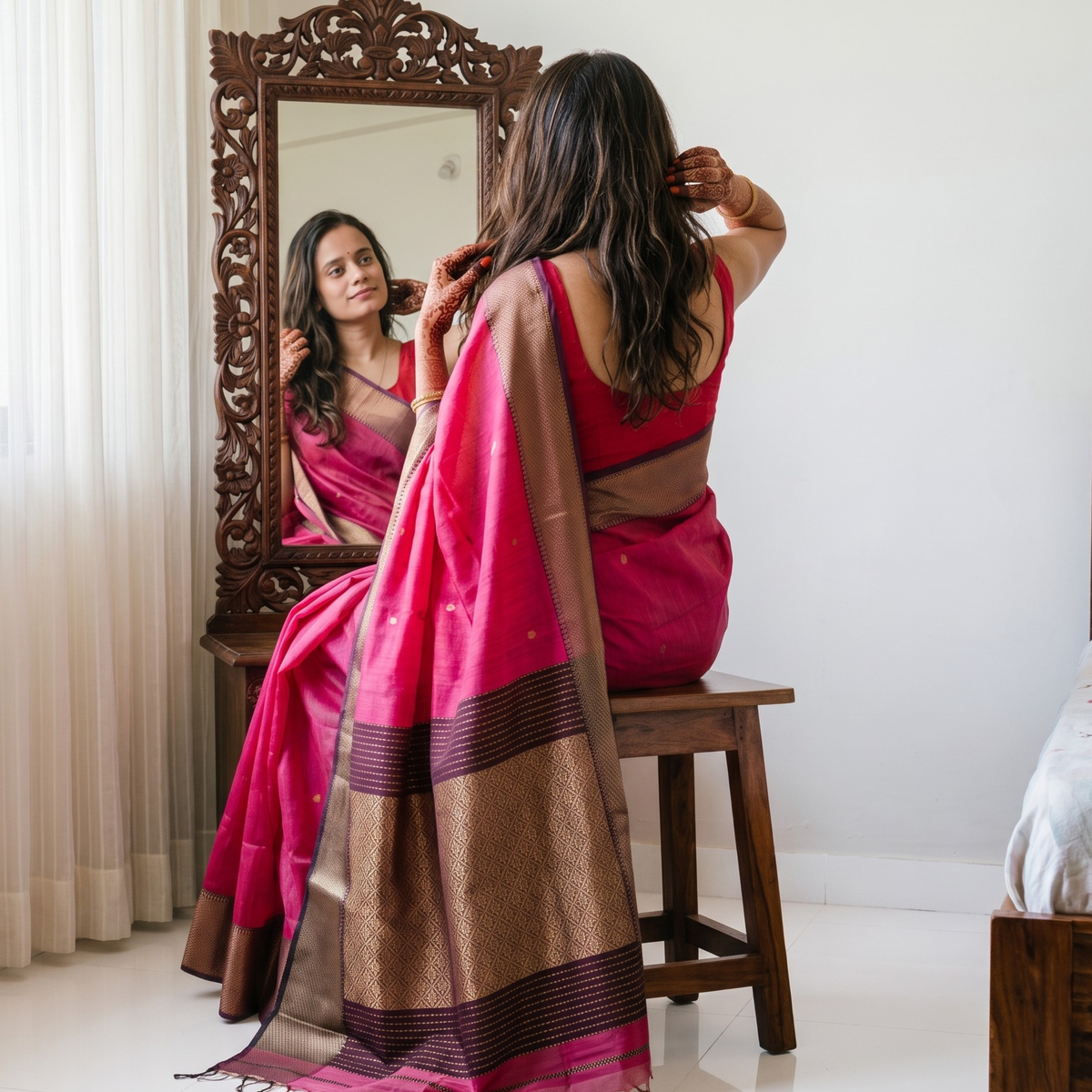 Rani Pink Maheshwari Silk Cotton Saree with Coke Colour Heavy Pallu