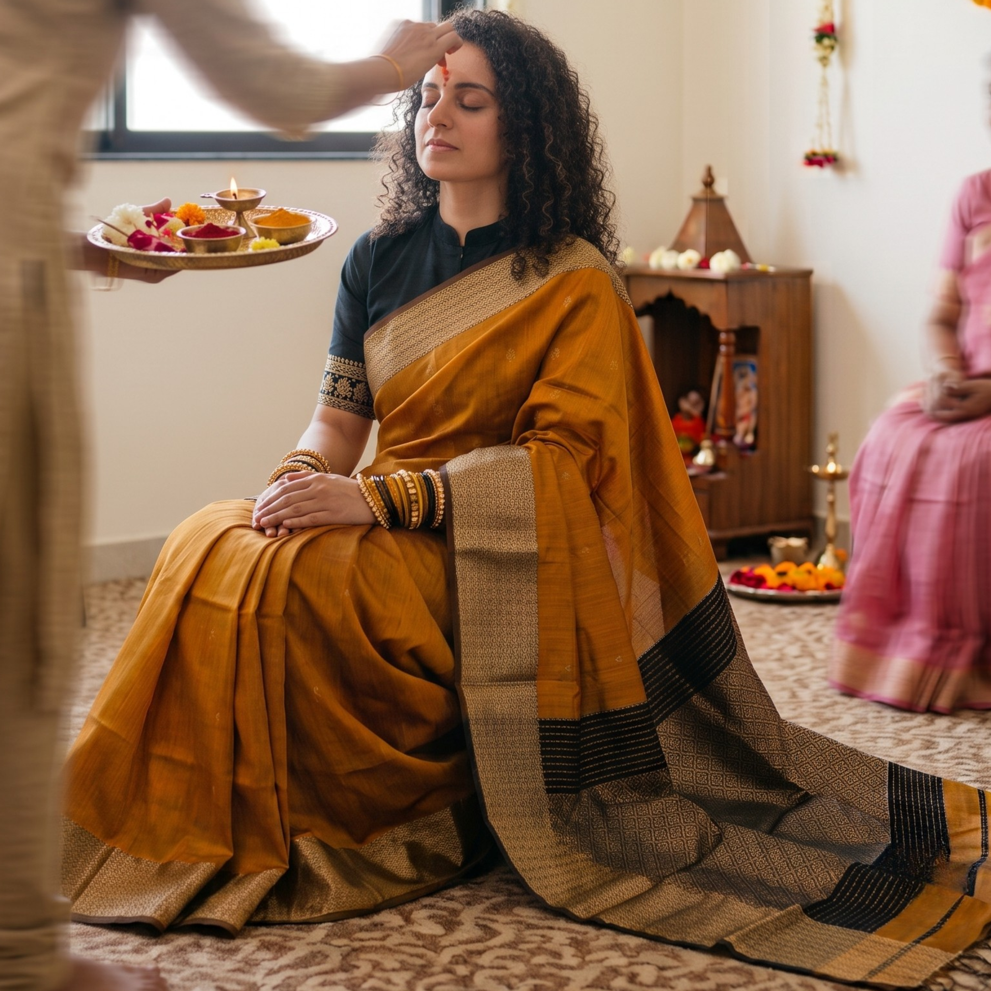 Rust Orange Maheshwari Silk Cotton Saree with Black Heavy Pallu