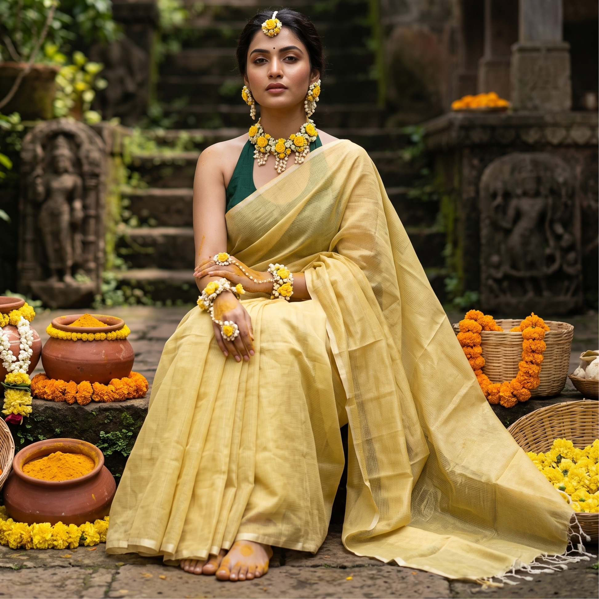 Yellow Maheshwari Silk by Cotton Saree with Fine Zari Checks