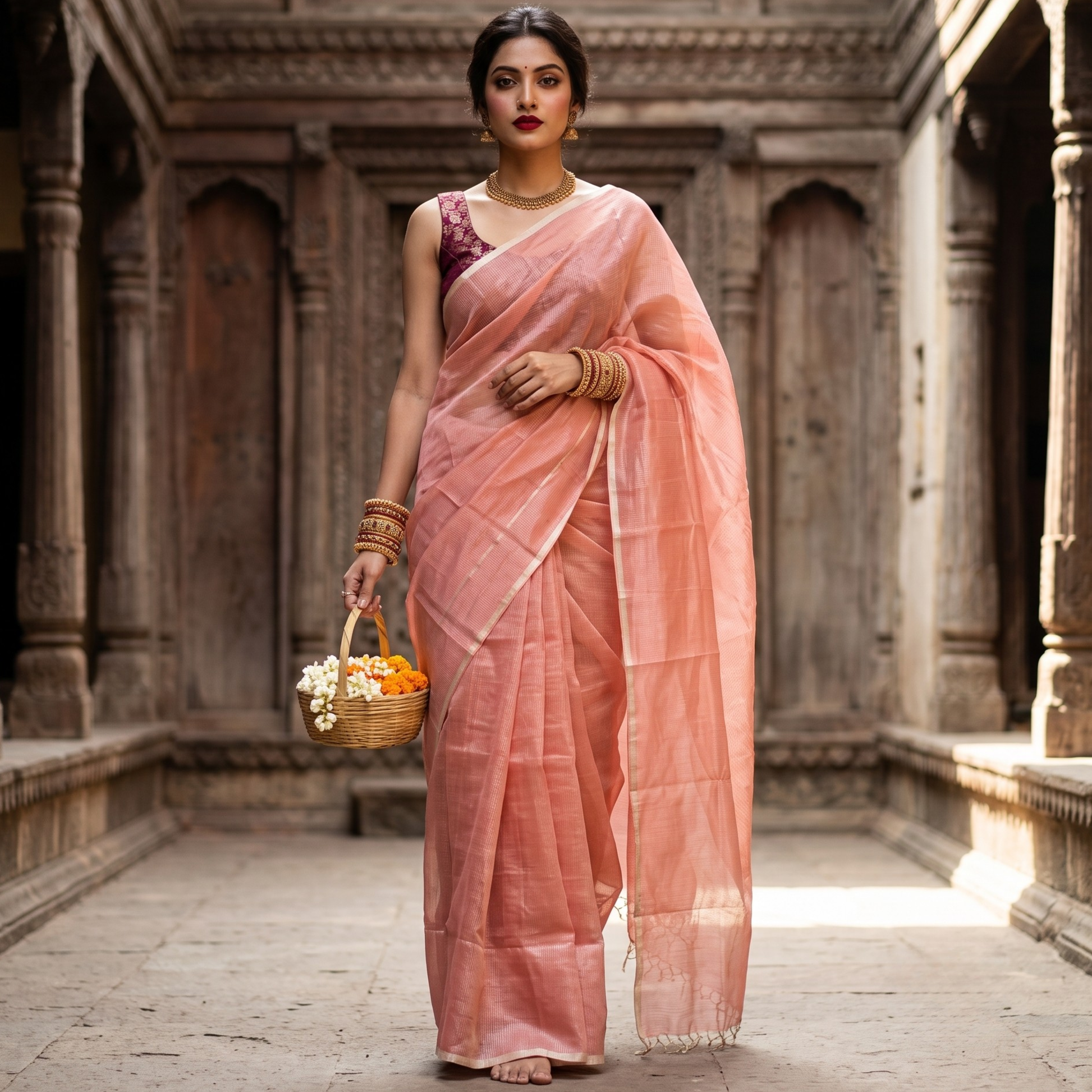 Peach Maheshwari Silk by Cotton Saree with Fine Zari Checks