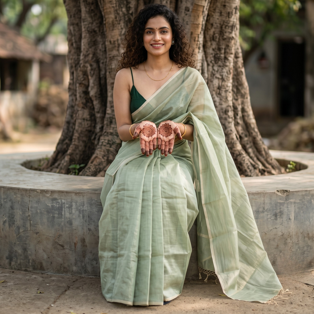Light Green Maheshwari Silk by Cotton Saree with Fine Zari Checks