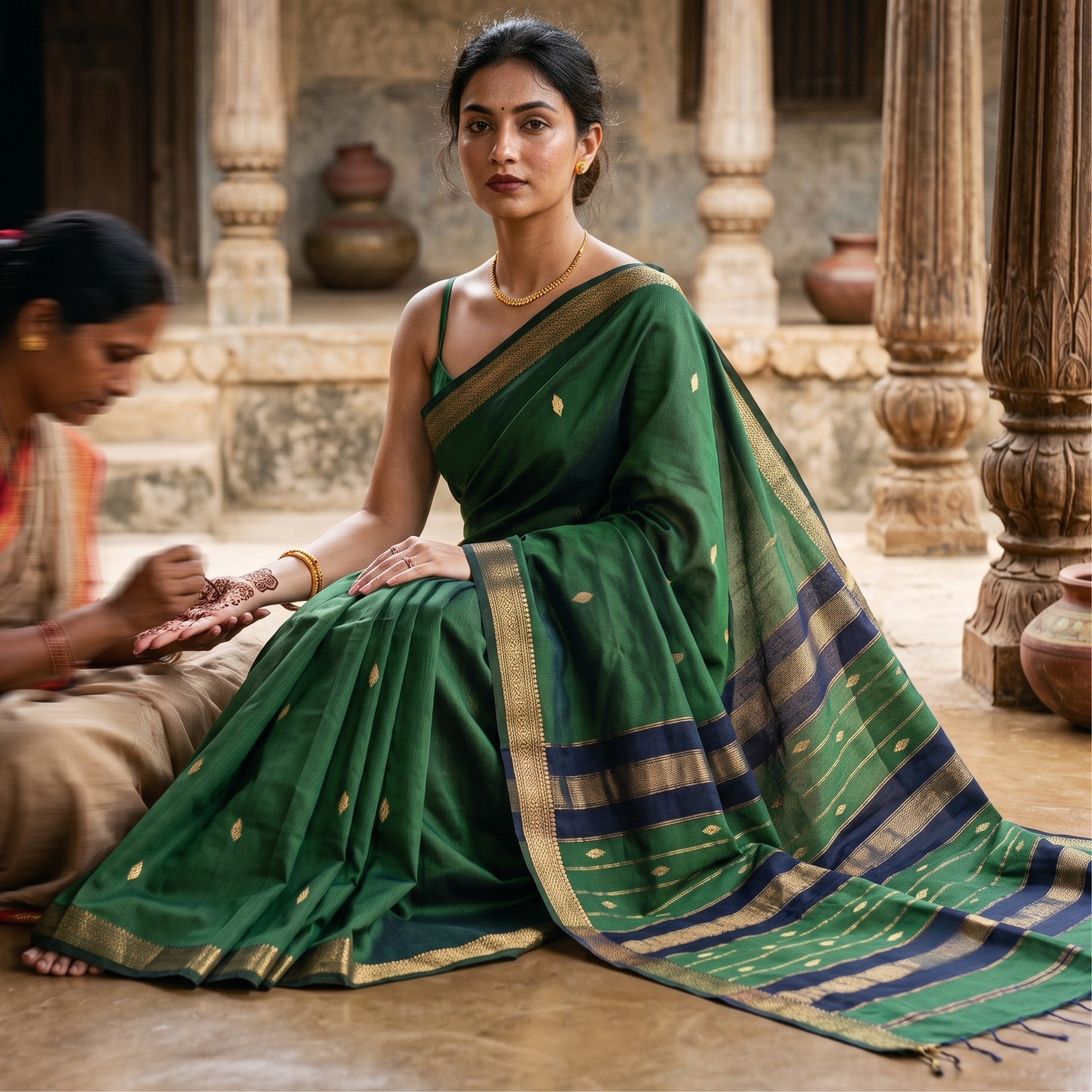Mehendi Green with Black Maheshwari Silk Cotton Saree with Buttidar Pallu