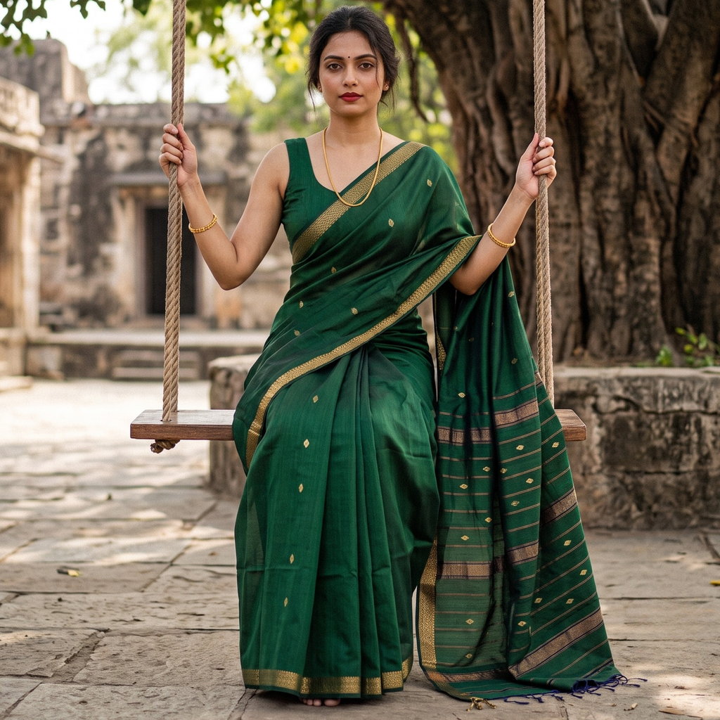Mehendi Green Maheshwari Silk Cotton Saree with Buttidar Pallu