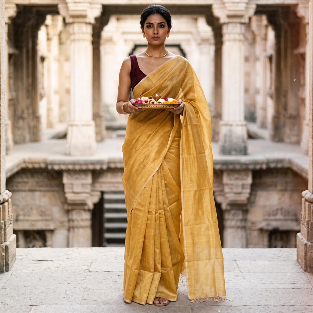 Mango Yellow Maheshwari Silk by Cotton Saree with Fine Zari Checks