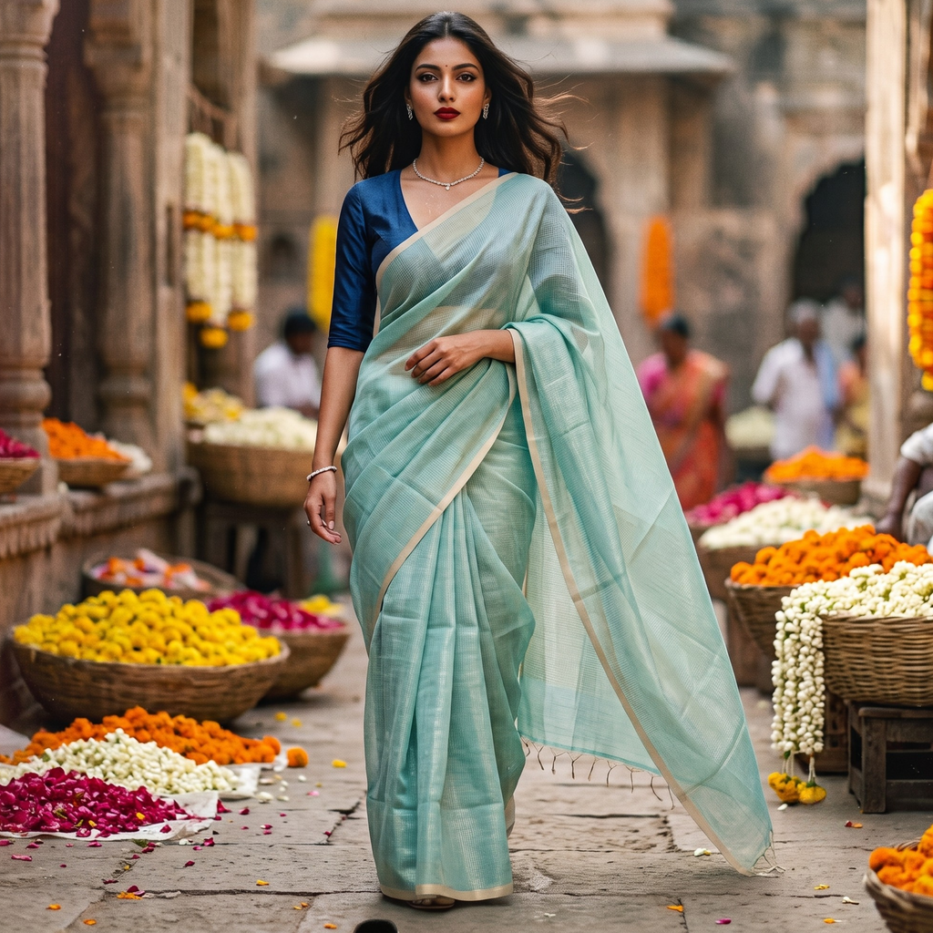 Cyan Blue Maheshwari Silk by Cotton Saree with Fine Zari Checks
