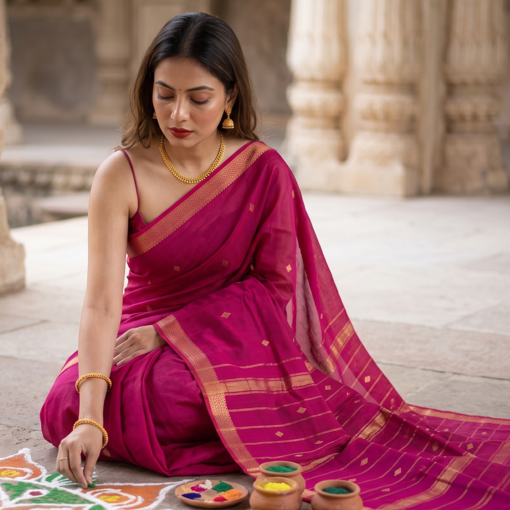 Rani Pink Maheshwari Silk Cotton Saree with Buttidar Pallu