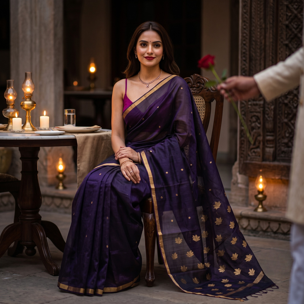 Handloom Dark Purple Katan Silk Chanderi Saree