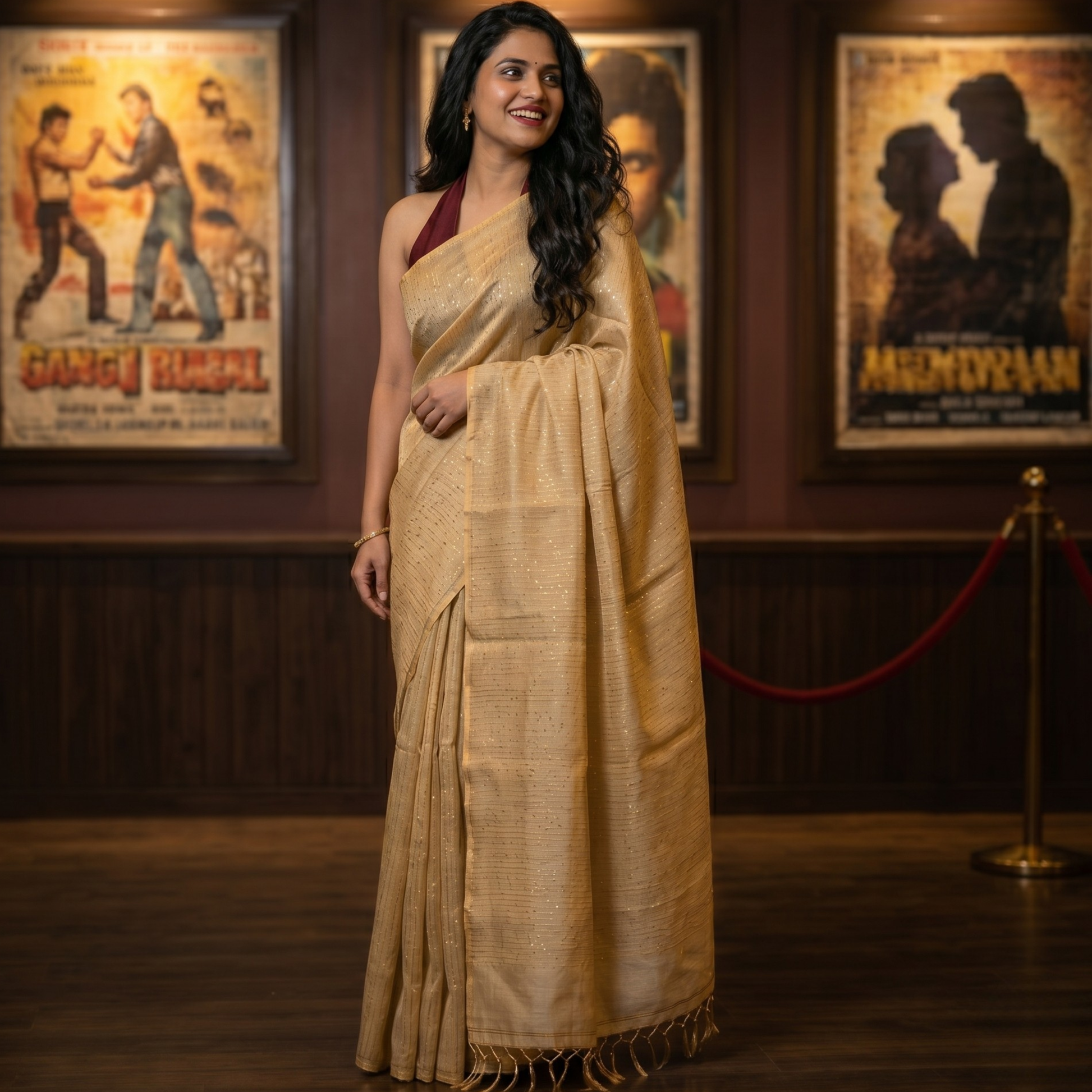 Beige Linen Tissue Jamdani Saree with Sequins