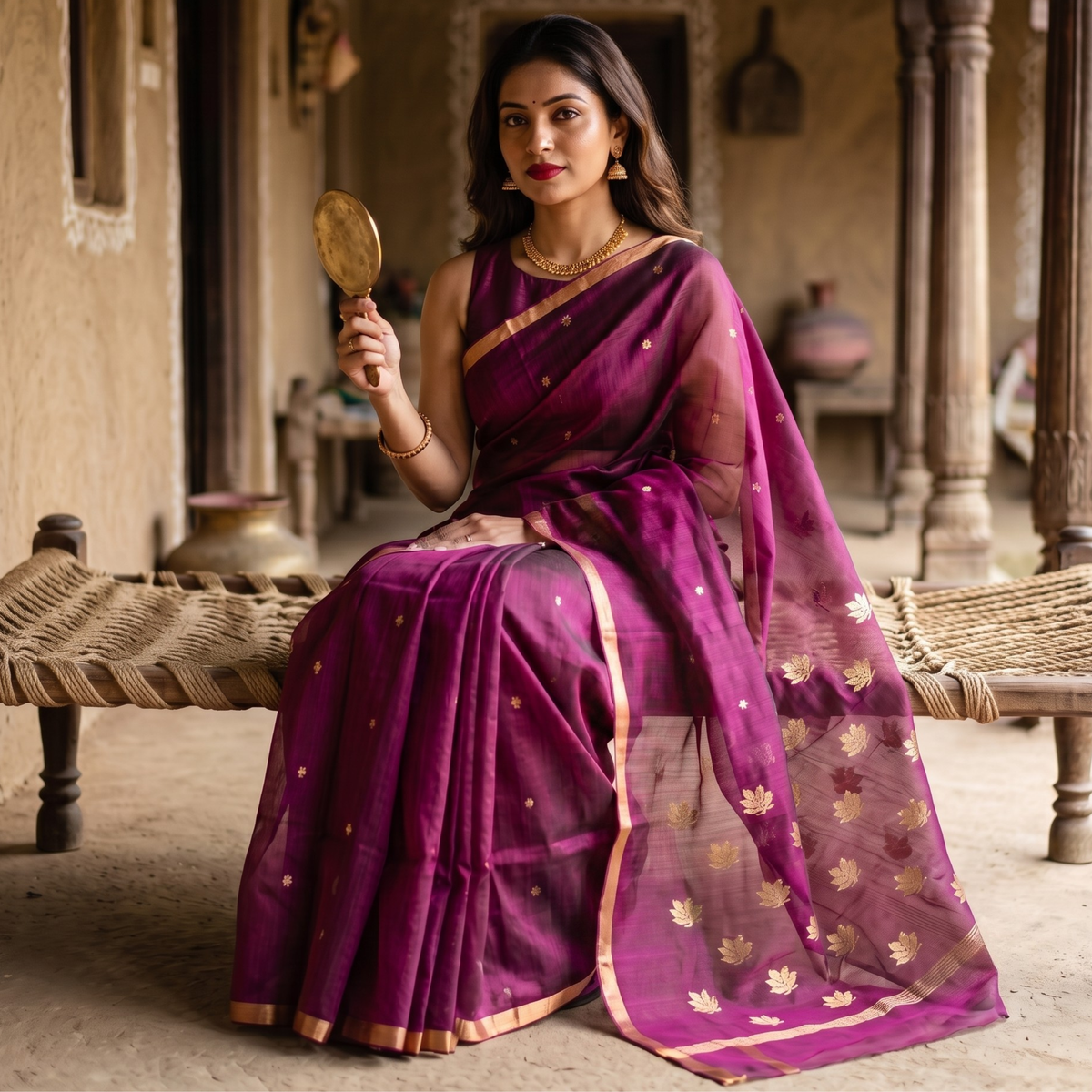 Handloom Wine Katan Silk Chanderi Saree with Golden Floral Buttis