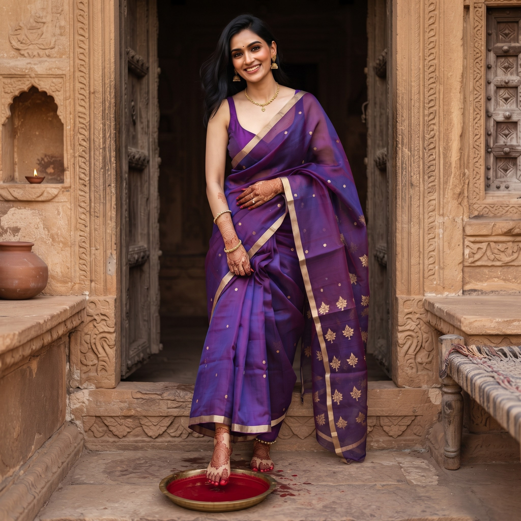 Handloom Reddish Purple Katan Silk Chanderi Saree with Golden Dollar Buttis