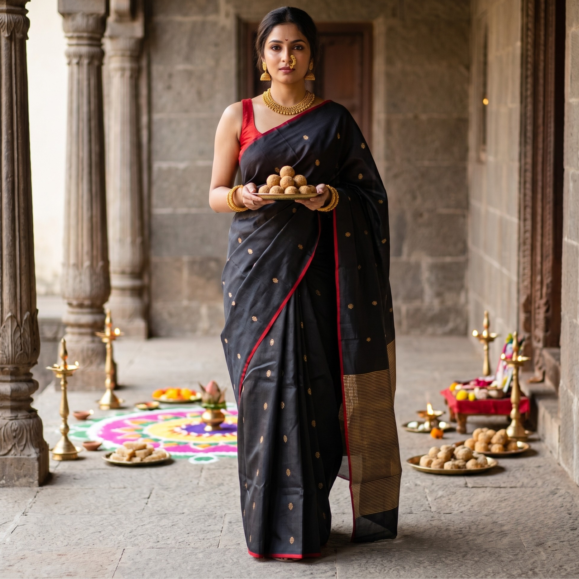 Black Chanderi Pure Silk Saree with Flower Buttis