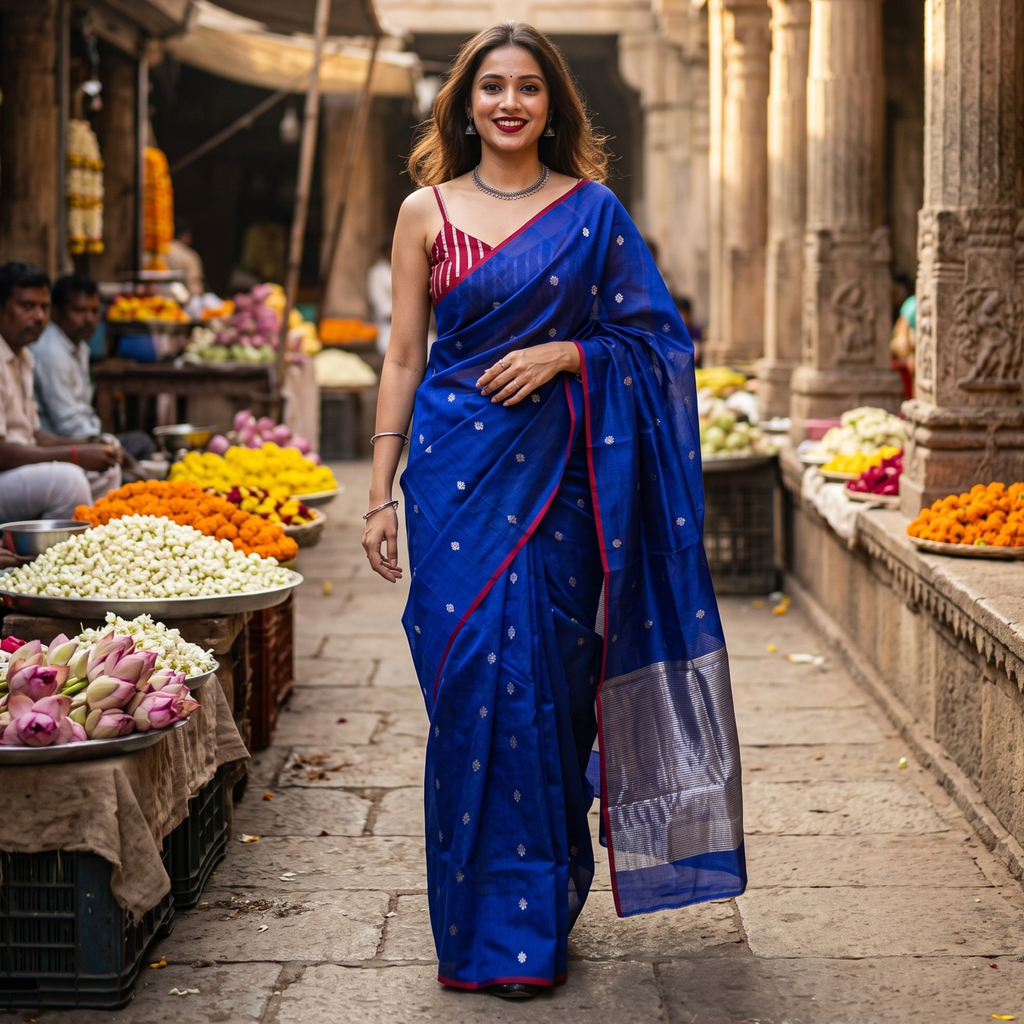 Handloom Royal Blue Pure Silk Chanderi Saree with Silver Floral Buttis & Zari Lines