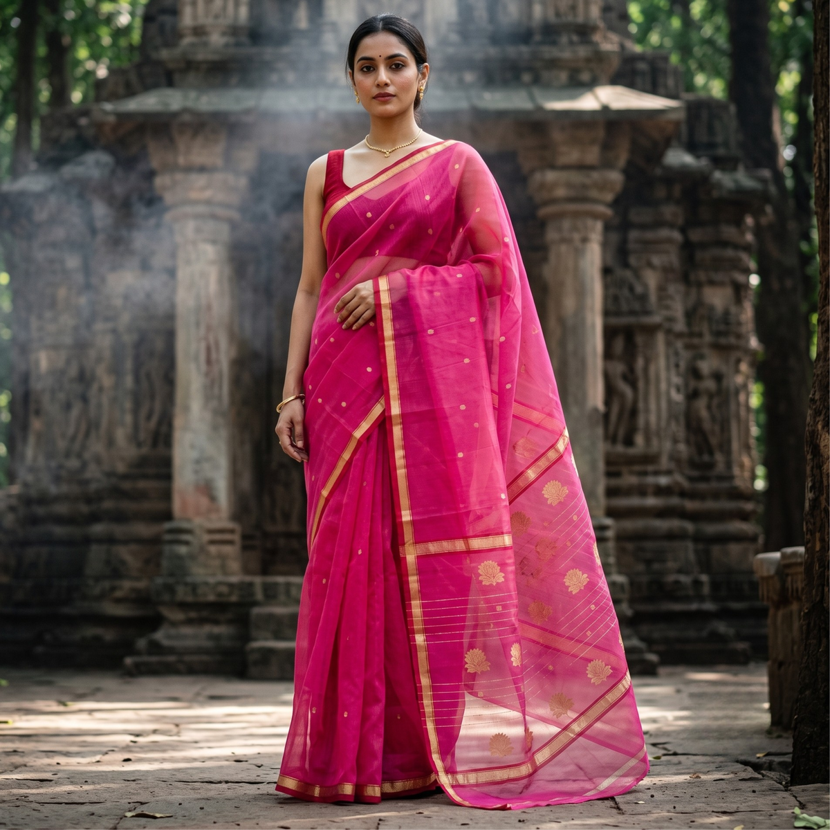 Pink Katan Silk Chanderi Saree with Dollar Buttis & Intricate Zari Pallu