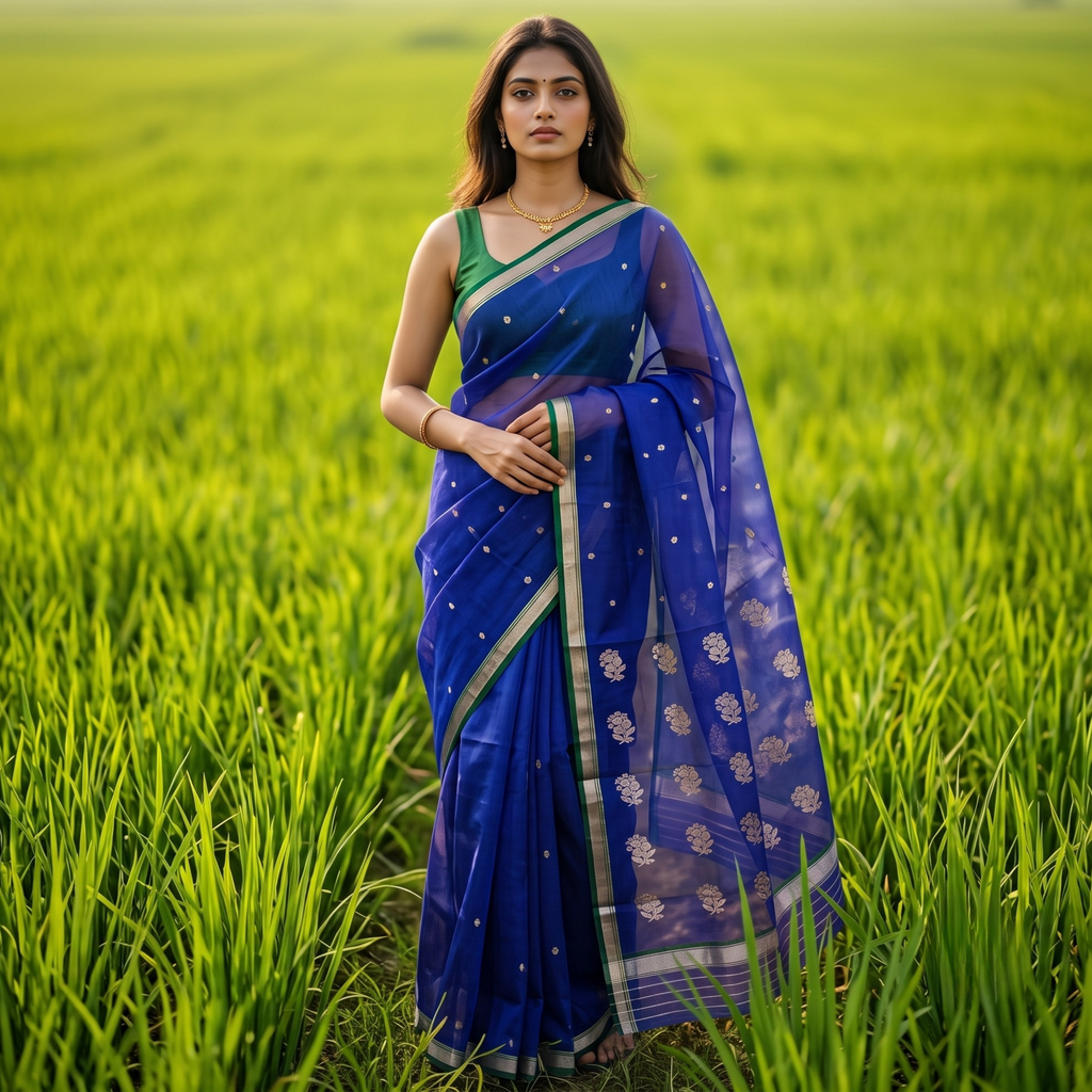 Handloom Violet Katan Silk Chanderi Saree with Floral Buttis