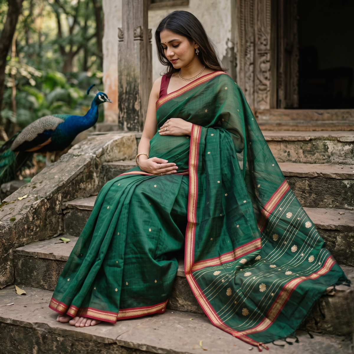 Bottle Green Katan Silk Chanderi Saree with Dollar Buttis & Buttidar Pallu
