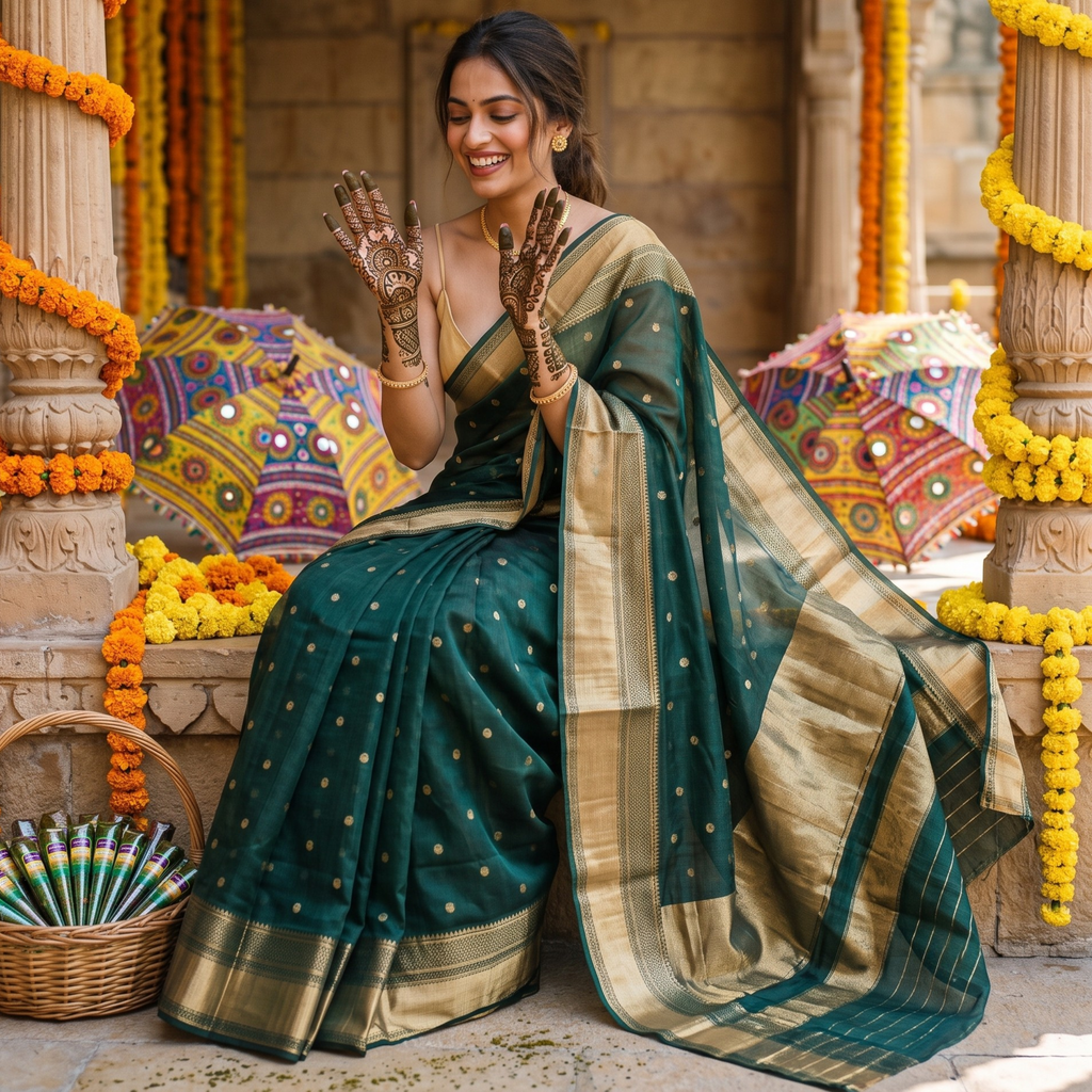 Handloom Green Pure Silk Chanderi Saree with Zari Pallu