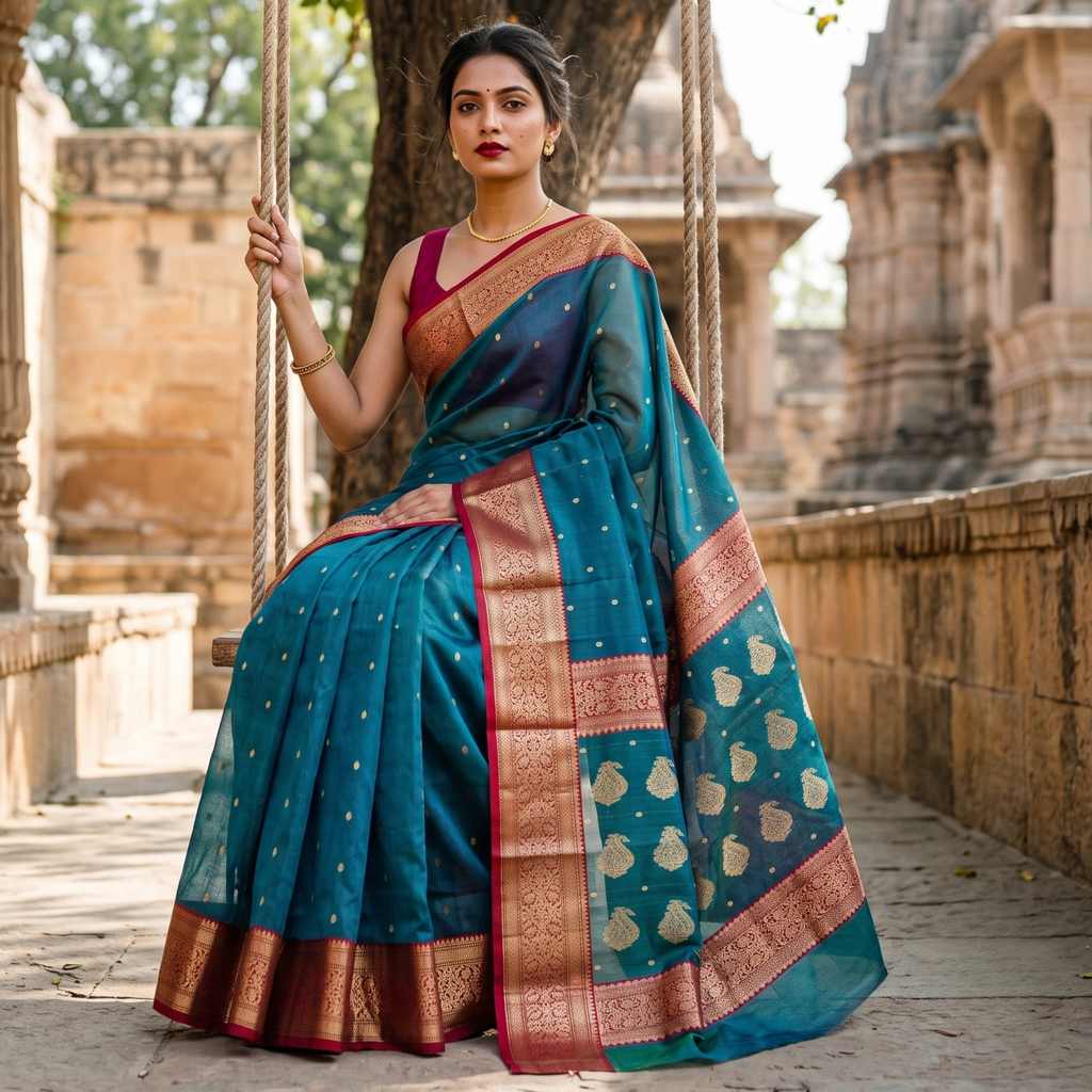 Handloom Green Blue Pure Silk Chanderi Saree with Intricate Heavy Pallu