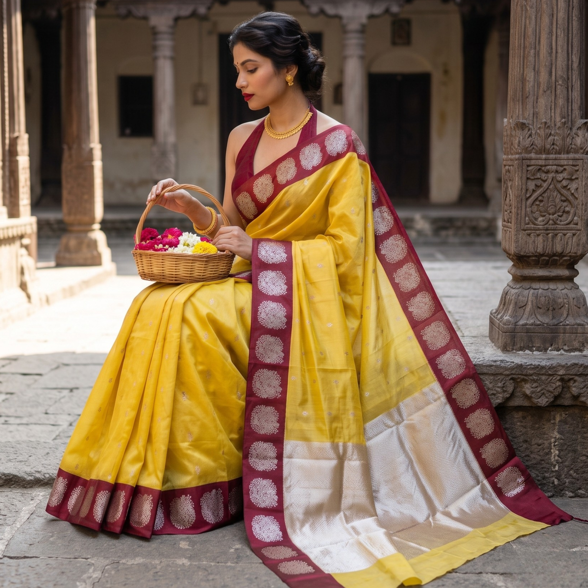Yellow Pure Silk Chanderi Saree with Meena Butti