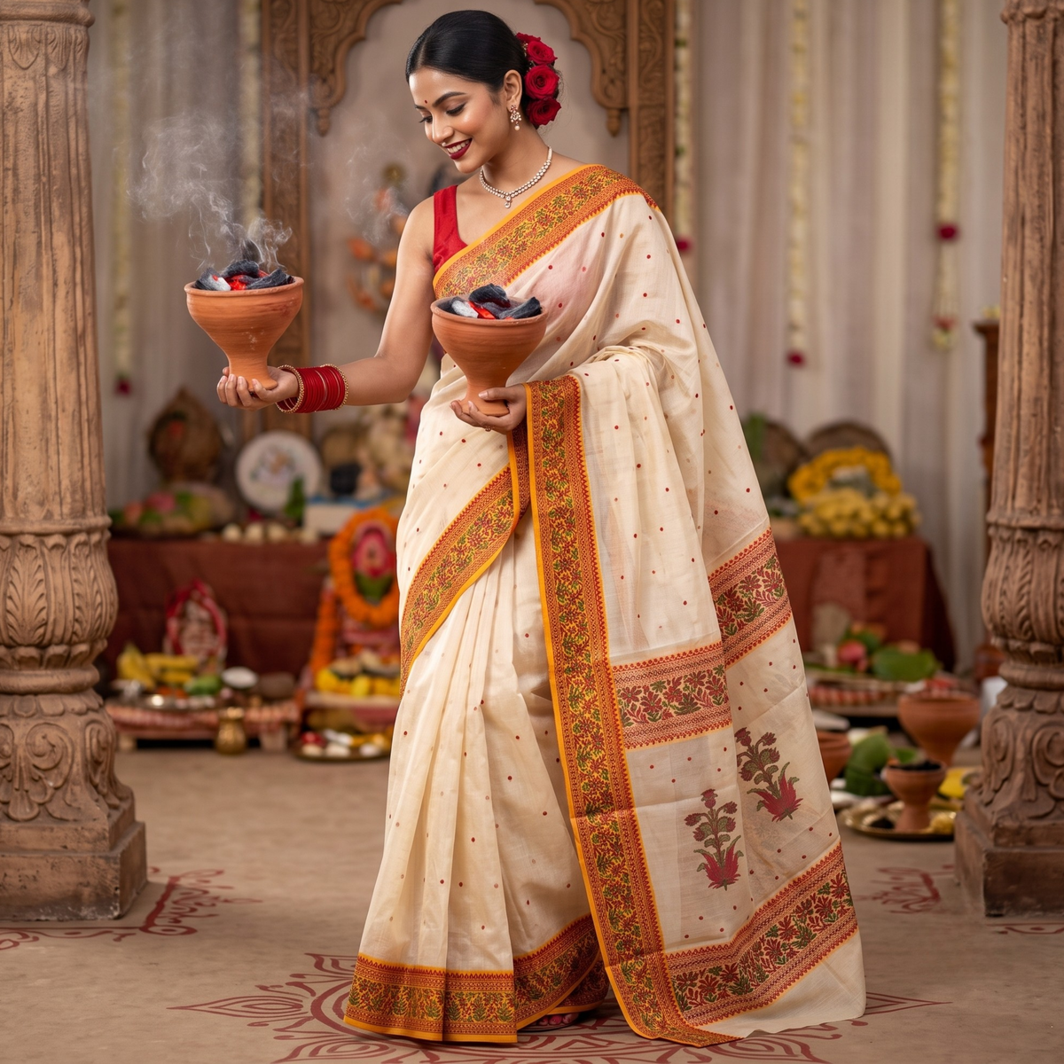 Beige Katan Silk Chanderi Saree with Intricate Resham Border