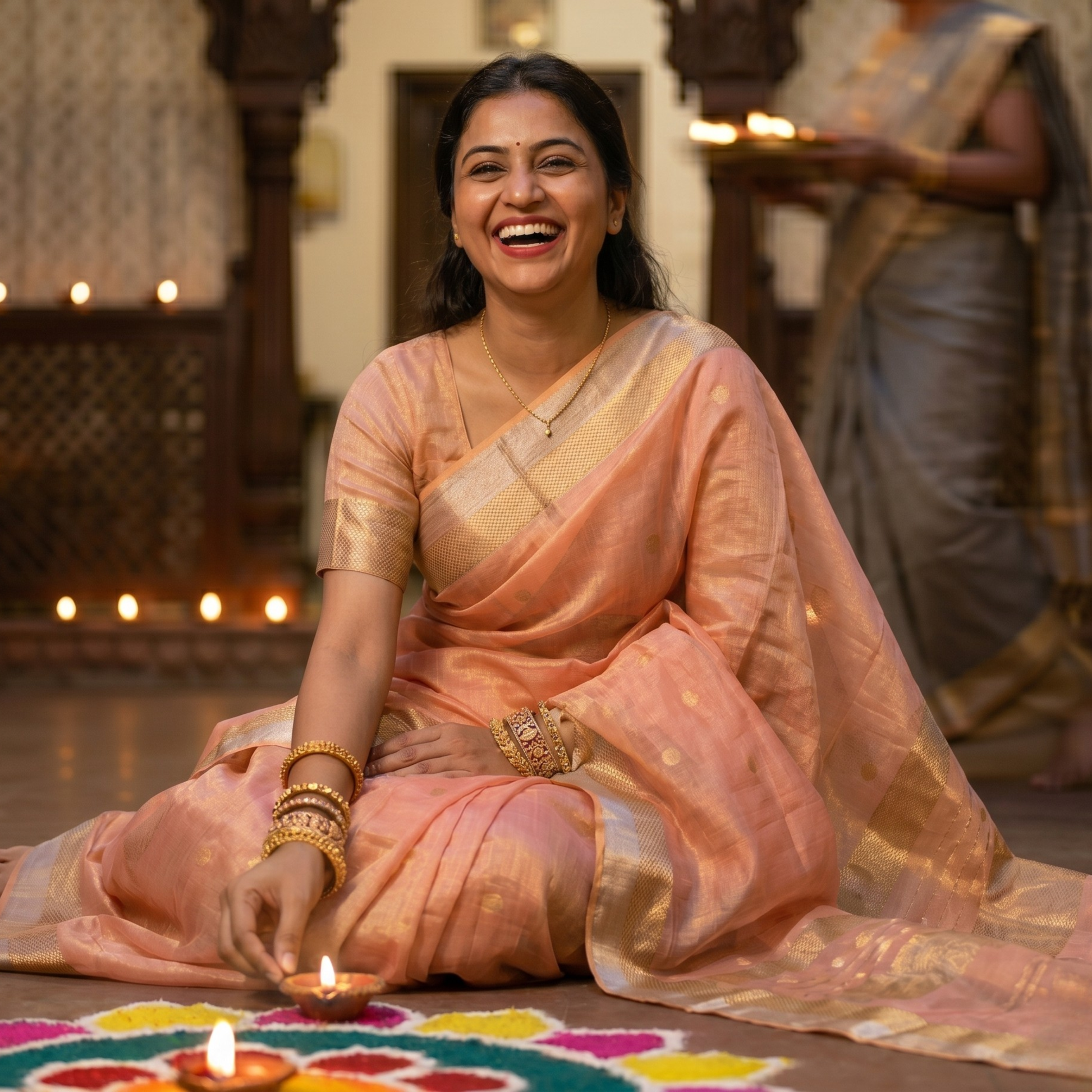 Orange Silk Tissue Maheshwari Saree with Silver-Gold Buttis