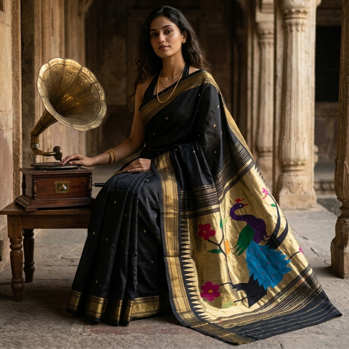 Maharashtrian Black Paithani Traditional Cotton Saree