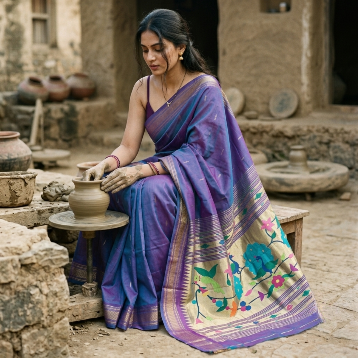 Pure Cotton Bluish Purple Asawali Paithani Saree