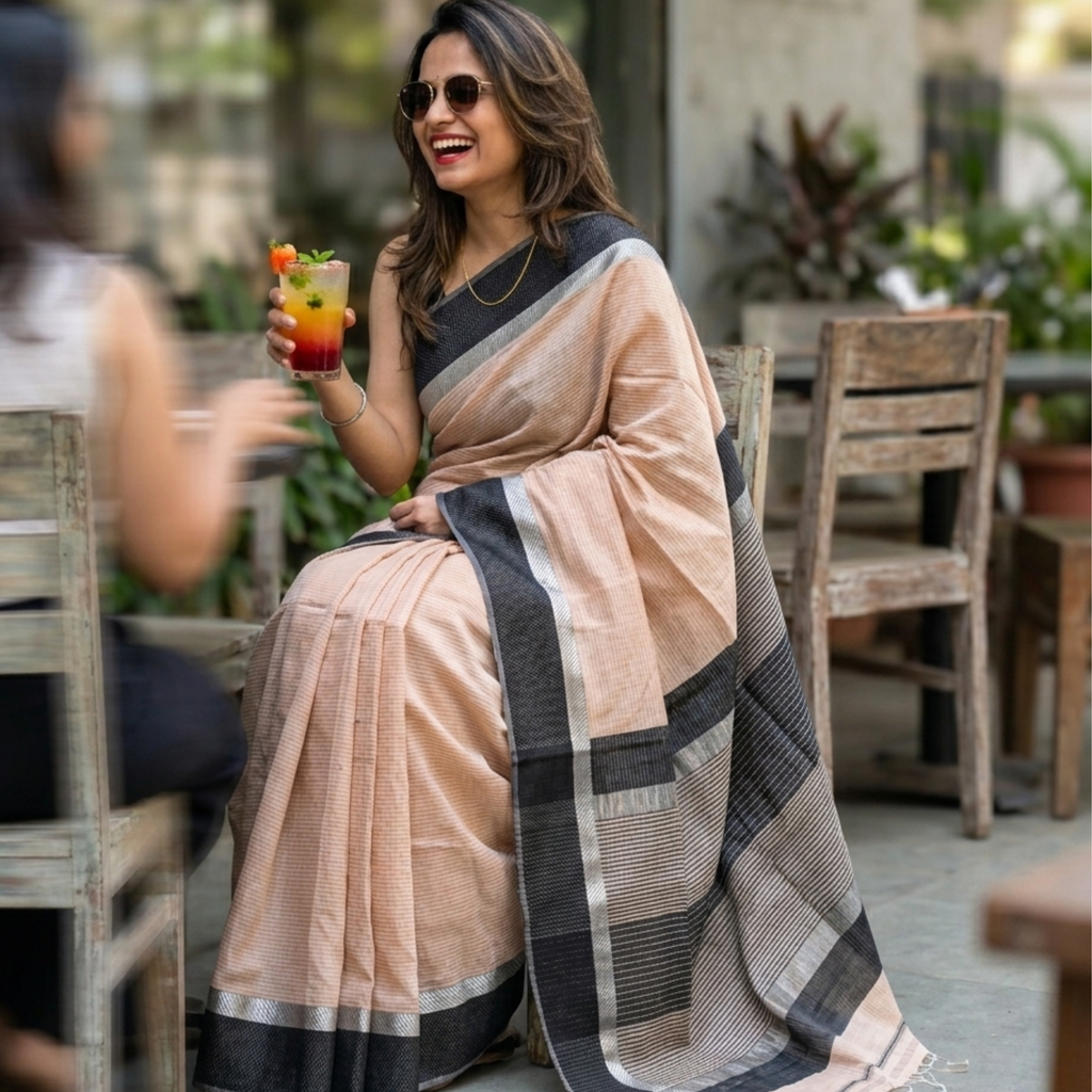 Maheshwari Peach Saree with Black Resham Border