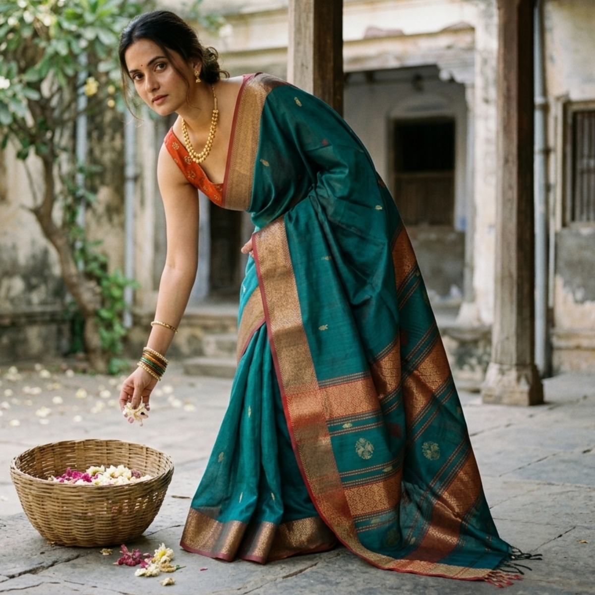 Silk Cotton Handloom Maheshwari Green Saree with Red Border