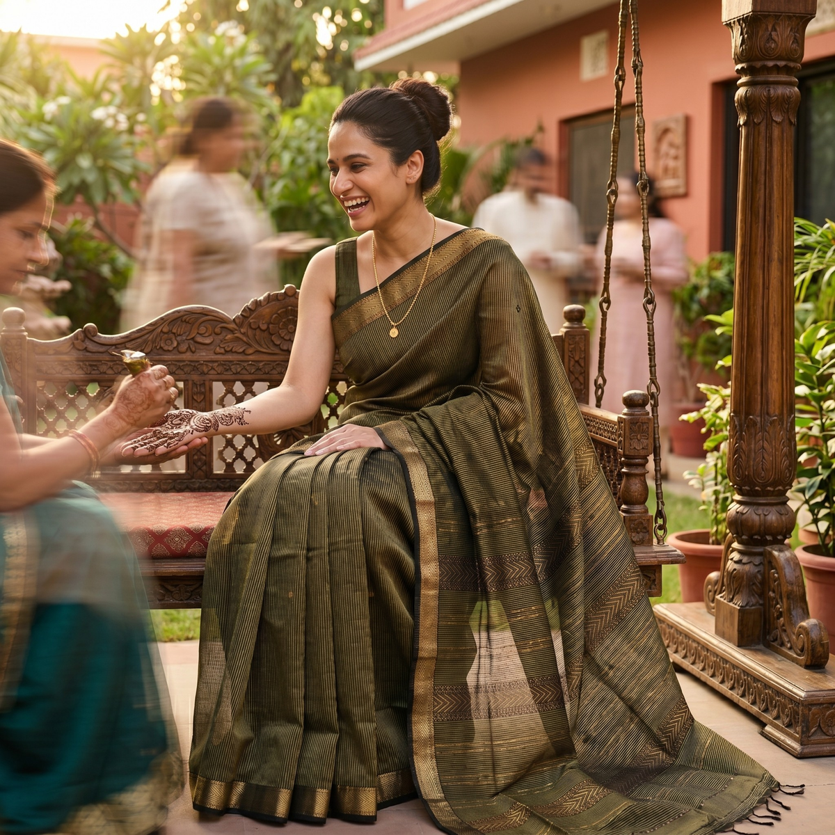 Garbh Reshmi with Butti Mehendi Green Maheshwari Handloom Saree