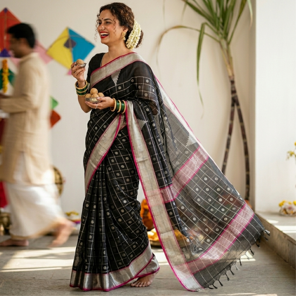 Handloom Black Chanderi Checks Saree