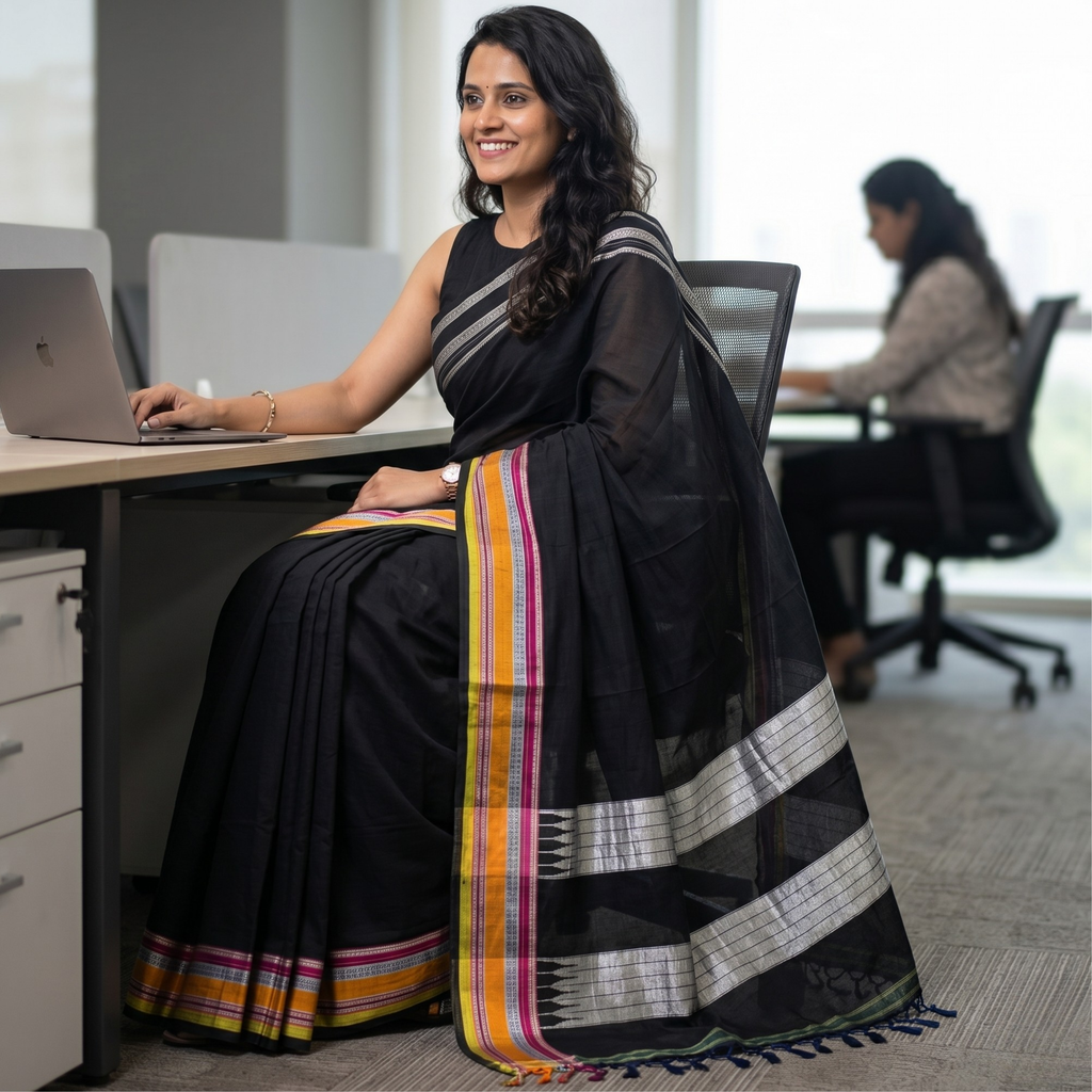 Handloom Black Ilkal Ganga Jamuna Border Saree