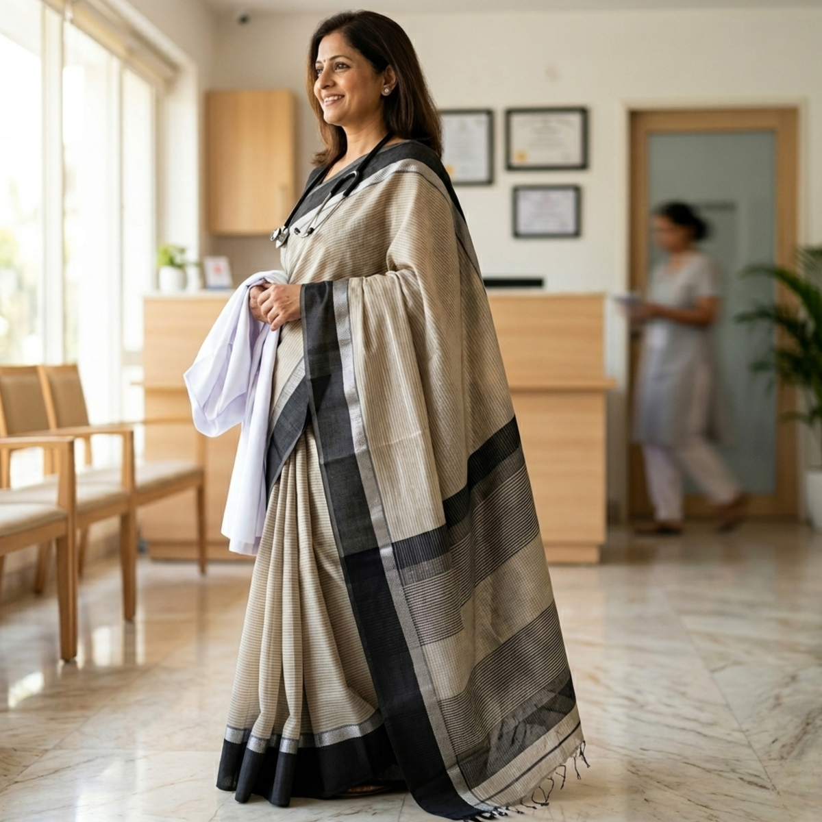 Maheshwari Biege Saree with Black Resham Border
