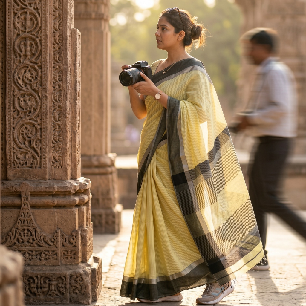 Maheshwari Light Yellow Saree with Black Resham Border