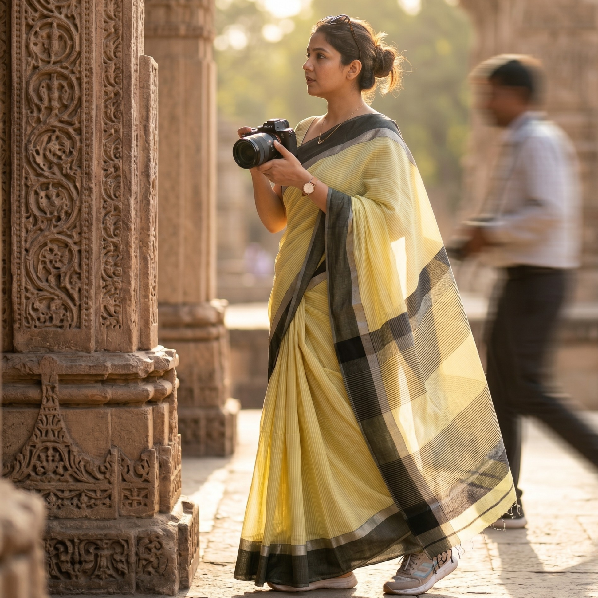 Maheshwari Light Yellow Saree with Black Resham Border