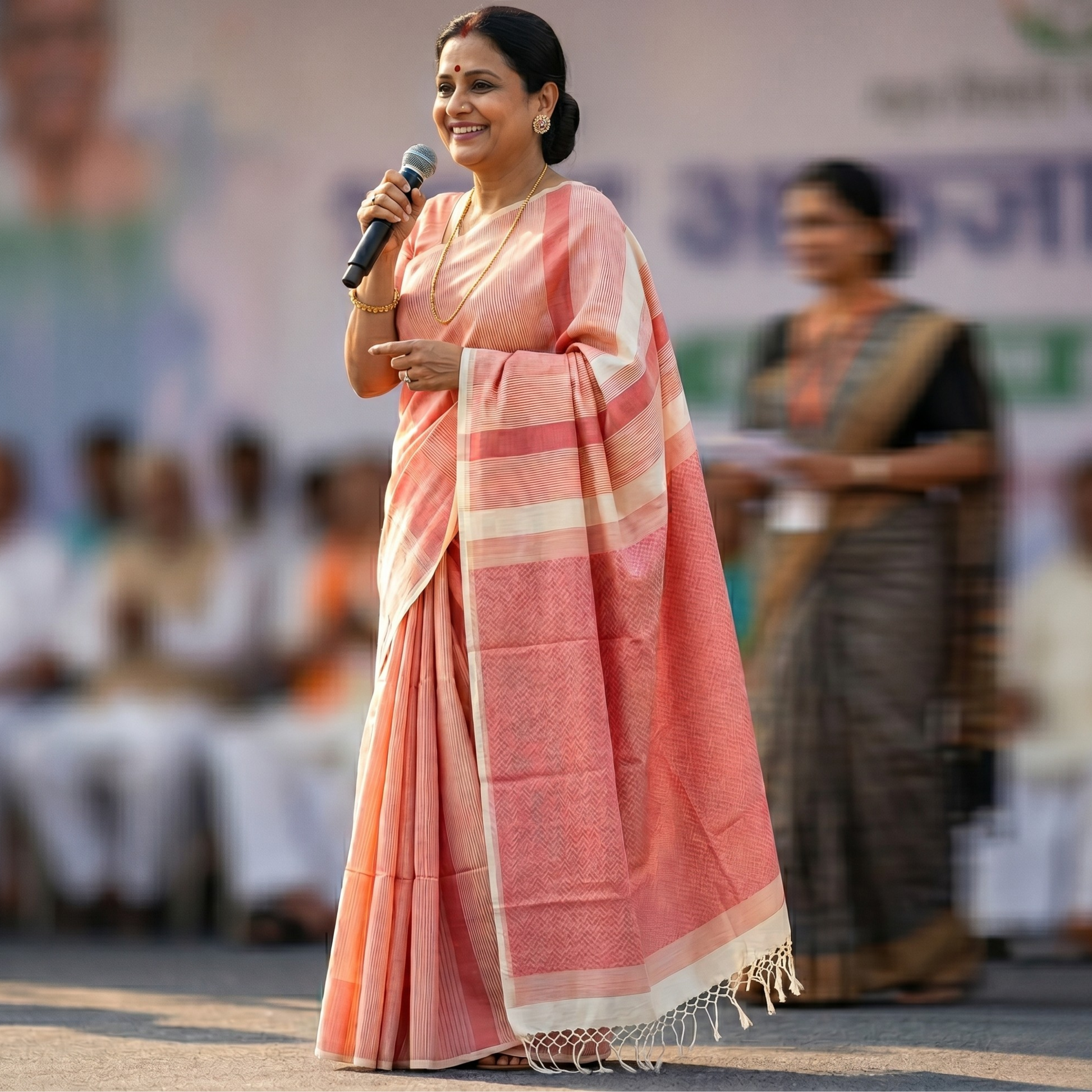 Handloom Peach Jamdani Saree with Stripes