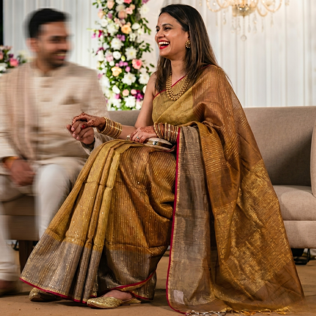 Mustard Yellow Linen Tissue Jamdani Saree with Sequins